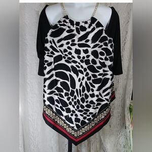 Melissa Paige Cold Shoulder Plus  Knit Top Blouse Leopard Print Black Red